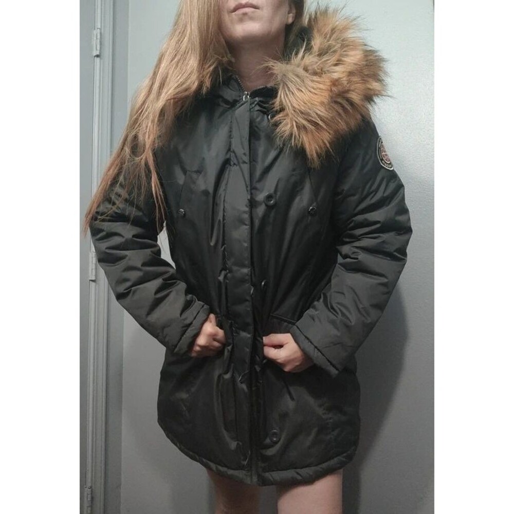 Madden girl size L women's parka puffer jacket grey gray faux fur hood